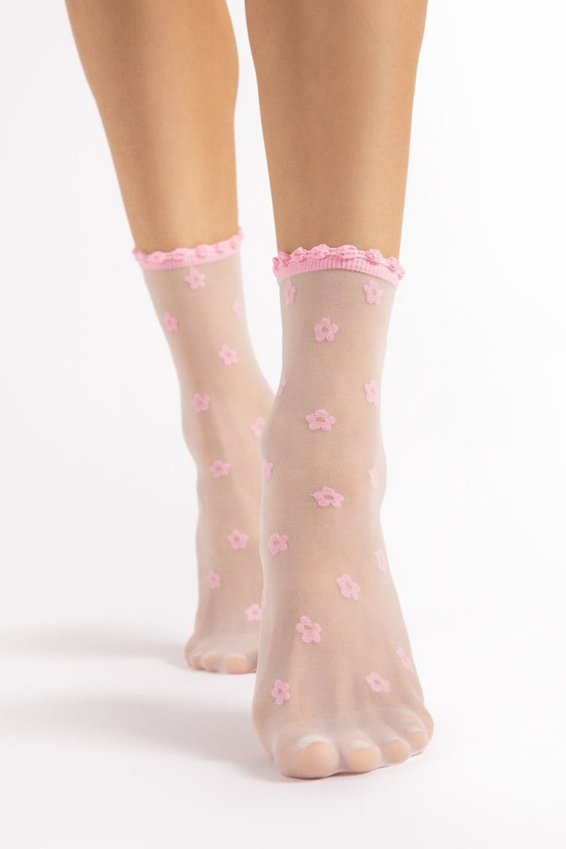 Ružovo-biele kvetované silonkové ponožky April 15 Den